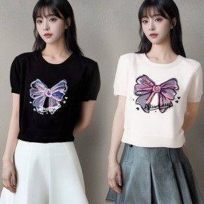 리본 라운드넥 여름 니트 티셔츠 URD-537