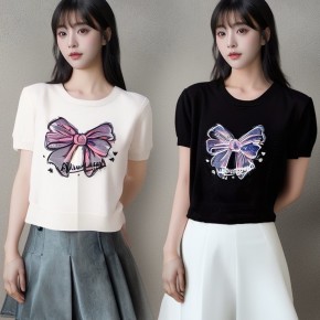 리본 라운드넥 여름 니트 티셔츠 URD-537