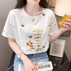 자수 꽃 자전거 루즈핏 반팔 티셔츠 URD-550