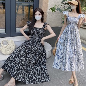 여자 플라워 패턴 스모크 스퀘어넥 원피스 URK-489