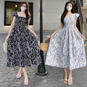 여자 플라워 패턴 스모크 스퀘어넥 원피스 URK-489