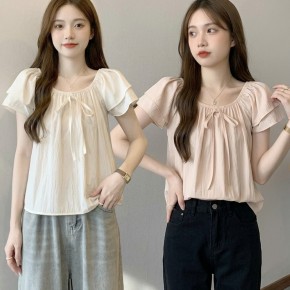 여성 밴딩 넥라인 리본 듀얼 소매 반팔 블라우스 URK-555